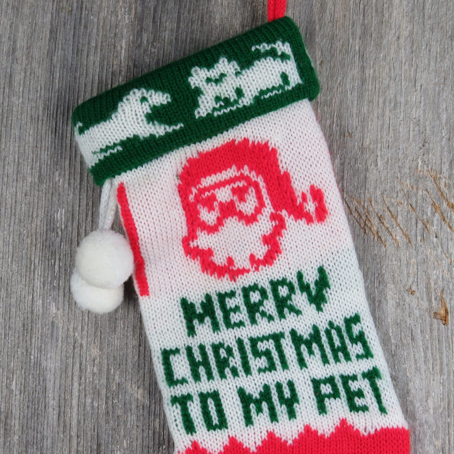 Vintage Dog Cat Knit Stocking Merry Christmas to My Pet Knitted Pom Pom New Pet Owner 80s