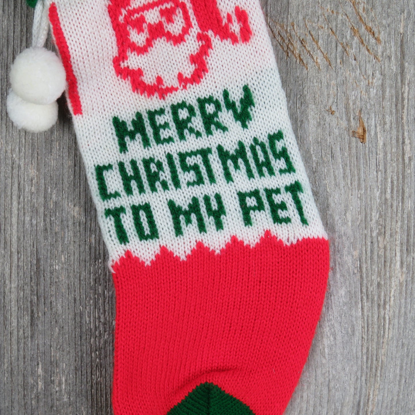 Vintage Dog Cat Knit Stocking Merry Christmas to My Pet Knitted Pom Pom New Pet Owner 80s