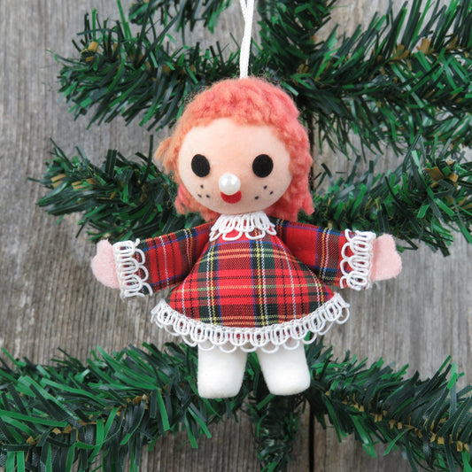 Vintage Plaid Doll Christmas Ornament Velvet Flocked Yarn Hair Fabric Dress Girl Bead