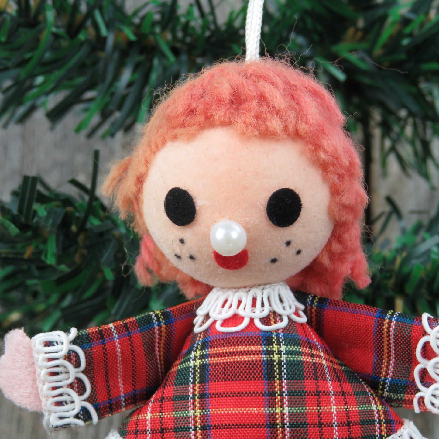 Vintage Plaid Doll Christmas Ornament Velvet Flocked Yarn Hair Fabric Dress Girl Bead