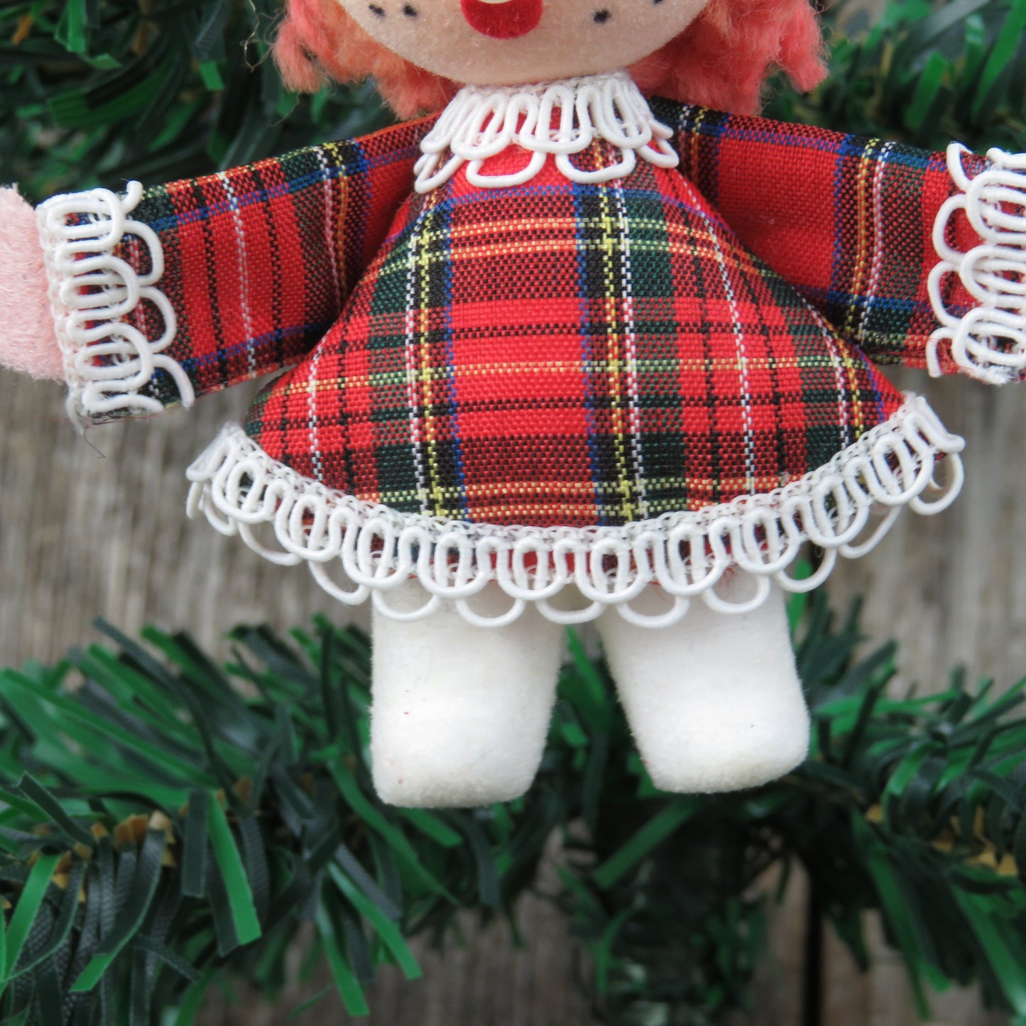 Vintage Plaid Doll Christmas Ornament Velvet Flocked Yarn Hair Fabric Dress Girl Bead