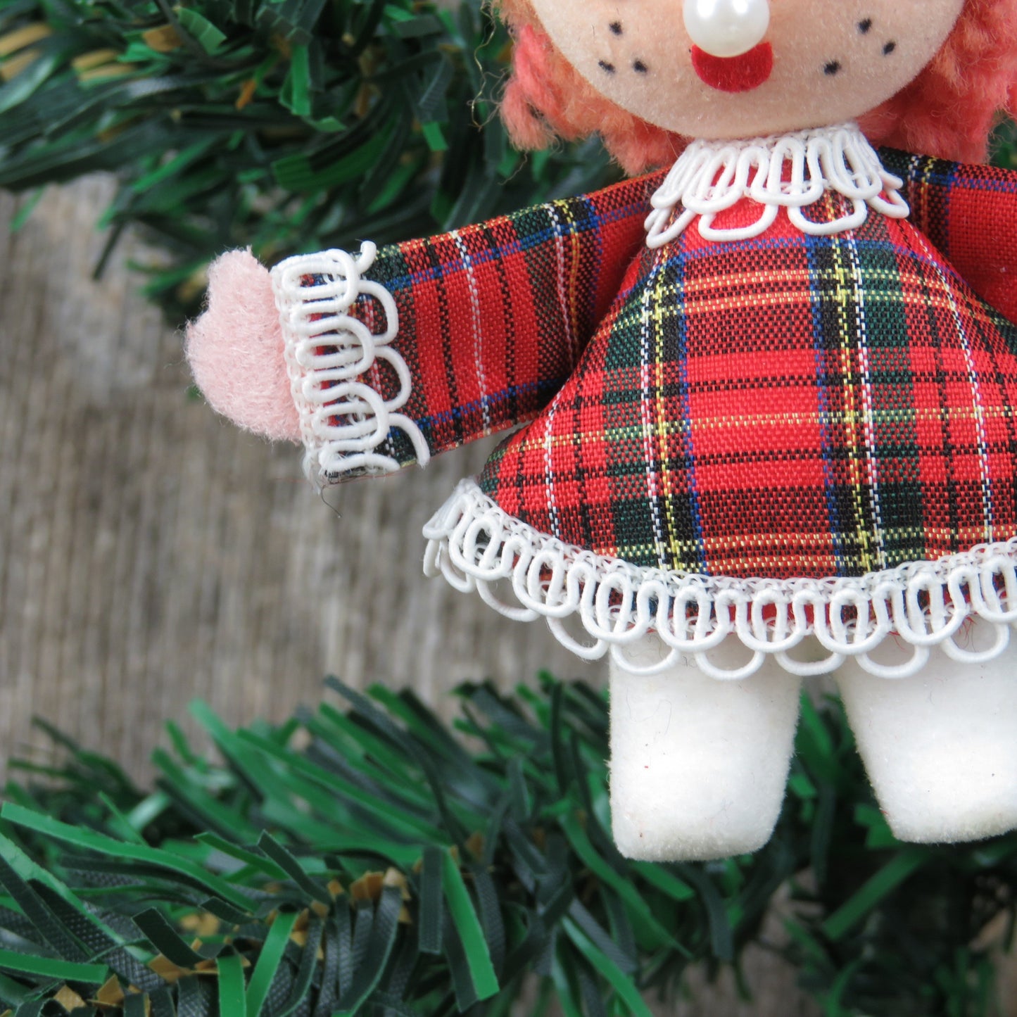 Vintage Plaid Doll Christmas Ornament Velvet Flocked Yarn Hair Fabric Dress Girl Bead