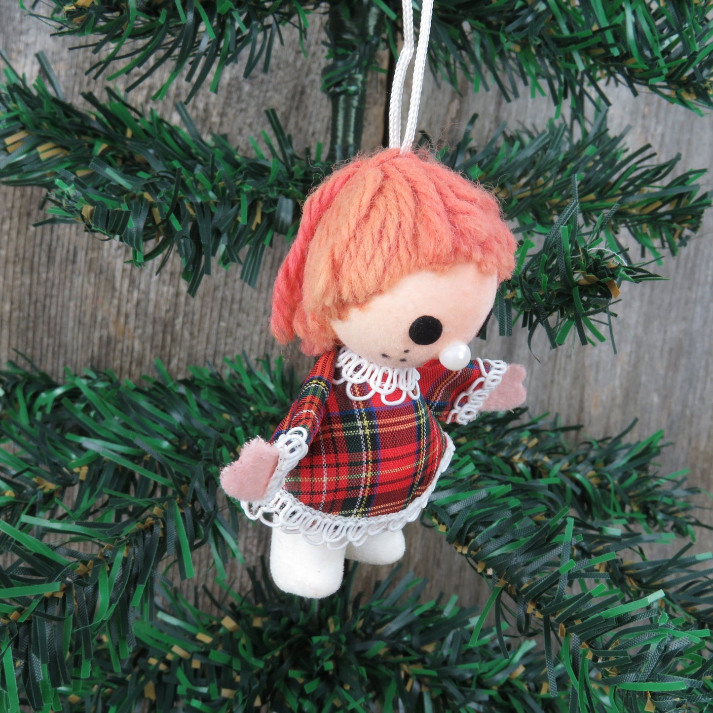 Vintage Plaid Doll Christmas Ornament Velvet Flocked Yarn Hair Fabric Dress Girl Bead