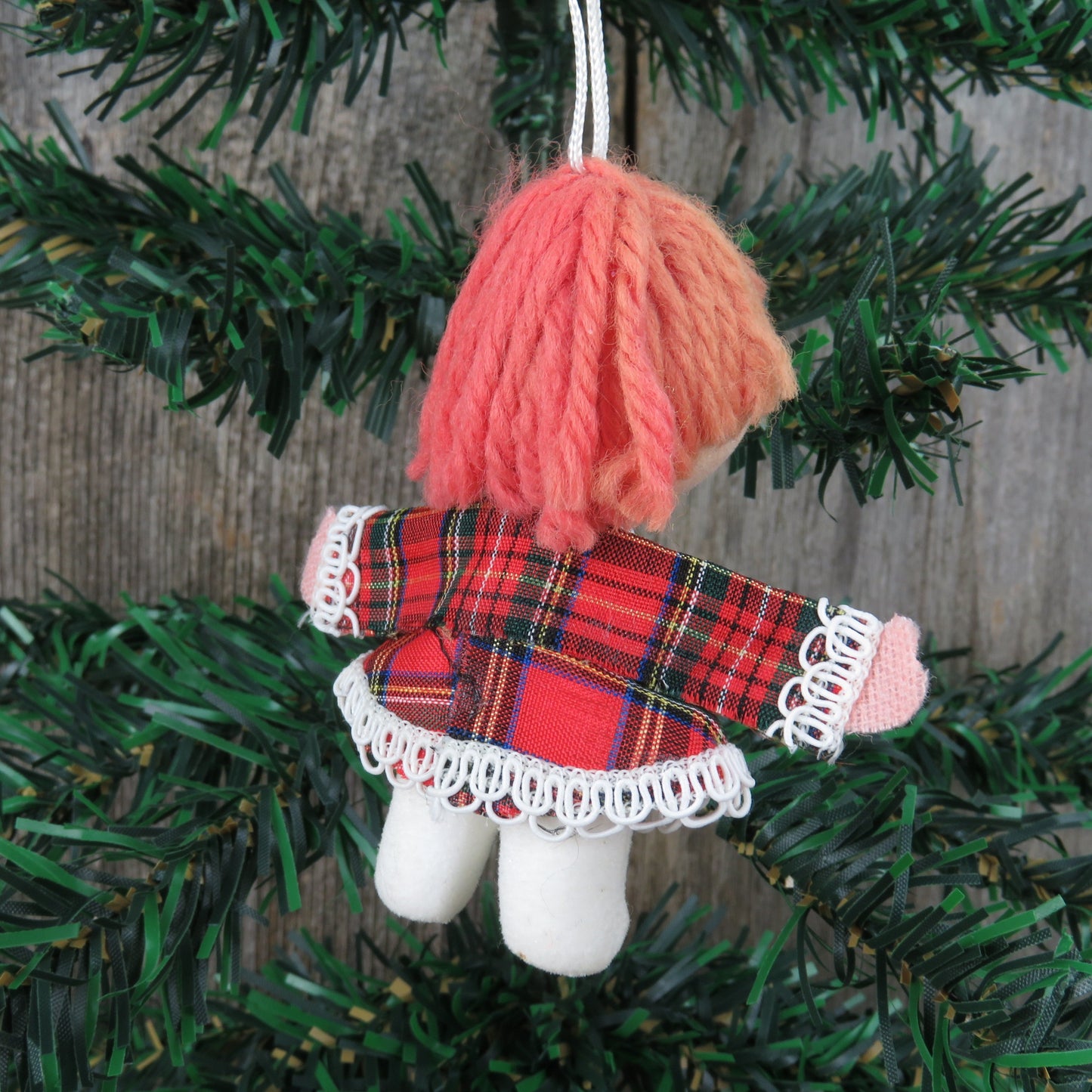 Vintage Plaid Doll Christmas Ornament Velvet Flocked Yarn Hair Fabric Dress Girl Bead