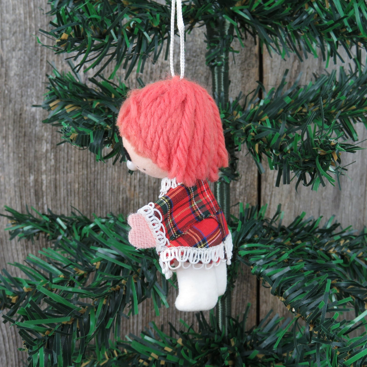 Vintage Plaid Doll Christmas Ornament Velvet Flocked Yarn Hair Fabric Dress Girl Bead