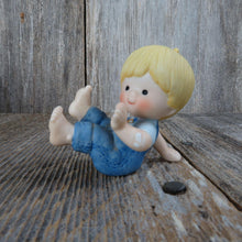 Load image into Gallery viewer, Vintage Boy Tumbling Figurine Bib Overalls Enesco Blonde Jeans 1981