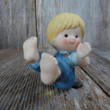 Load image into Gallery viewer, Vintage Boy Tumbling Figurine Bib Overalls Enesco Blonde Jeans 1981