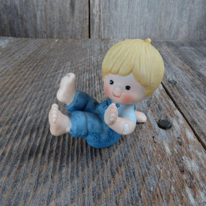 Vintage Boy Tumbling Figurine Bib Overalls Enesco Blonde Jeans 1981
