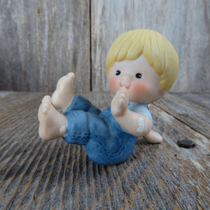 Vintage Boy Tumbling Figurine Bib Overalls Enesco Blonde Jeans 1981