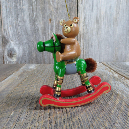 Vintage Wooden Teddy Bear Rocking Horse Green Pony Ornament Wood Christmas Brown Pipe Cleaner Mane Tail