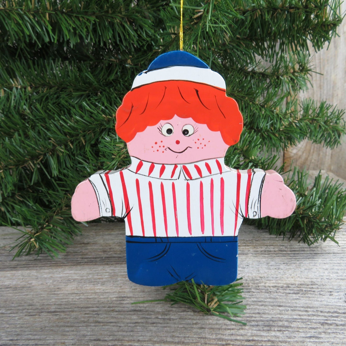 Vintage Red Head Burger Boy Wood Ornament Christmas Wooden Orange Striped Shirt Blue Hat Pants Taiwan