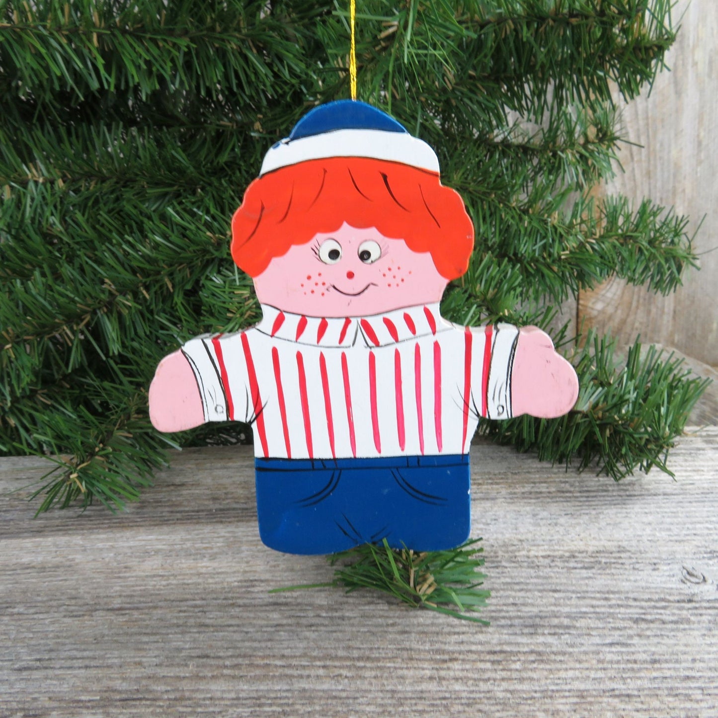 Vintage Red Head Burger Boy Wood Ornament Christmas Wooden Orange Striped Shirt Blue Hat Pants Taiwan