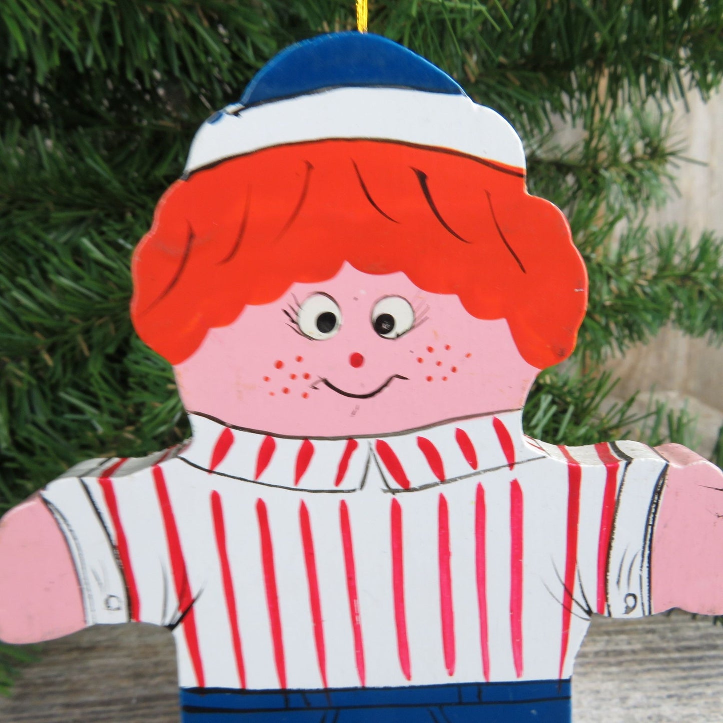 Vintage Red Head Burger Boy Wood Ornament Christmas Wooden Orange Striped Shirt Blue Hat Pants Taiwan