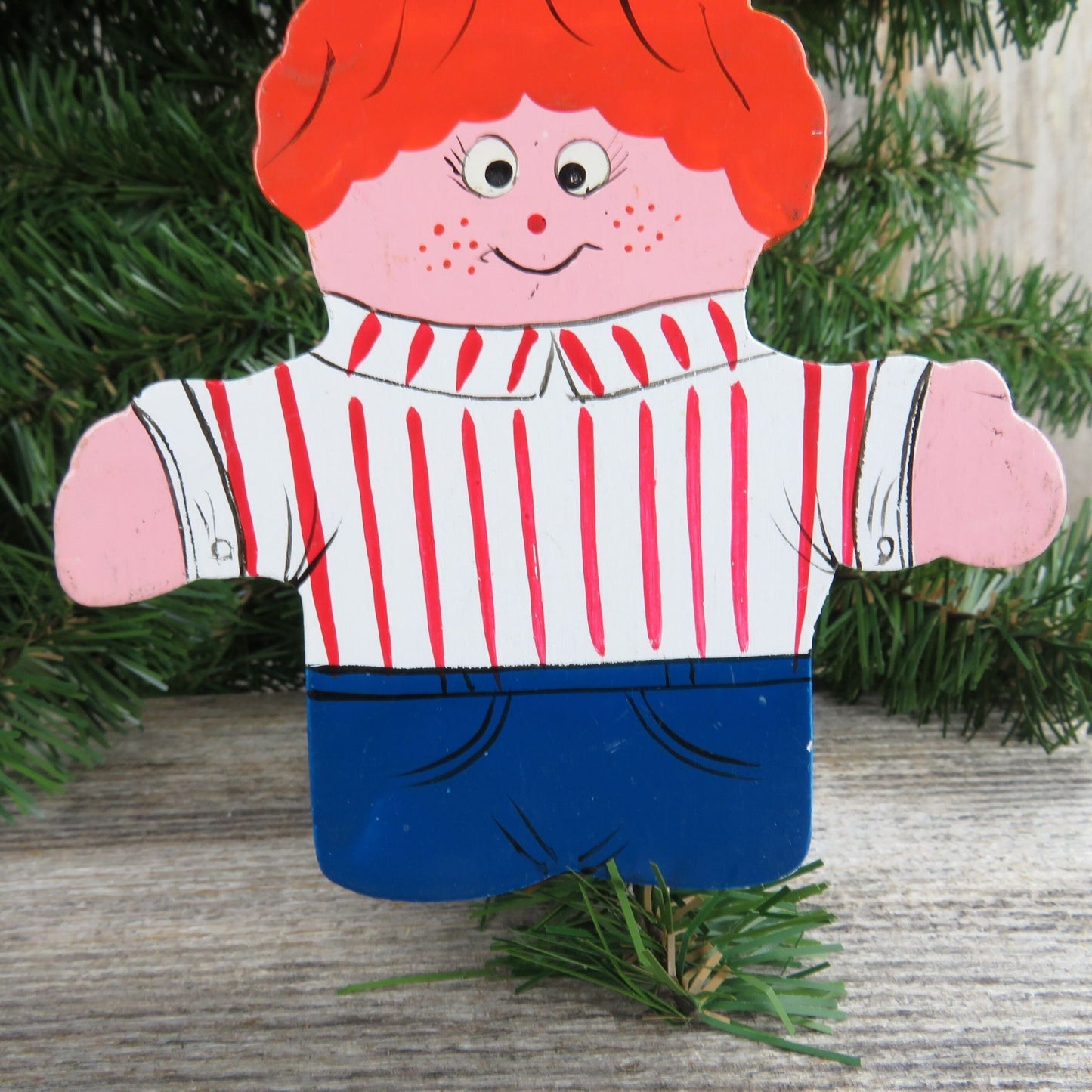 Vintage Red Head Burger Boy Wood Ornament Christmas Wooden Orange Striped Shirt Blue Hat Pants Taiwan