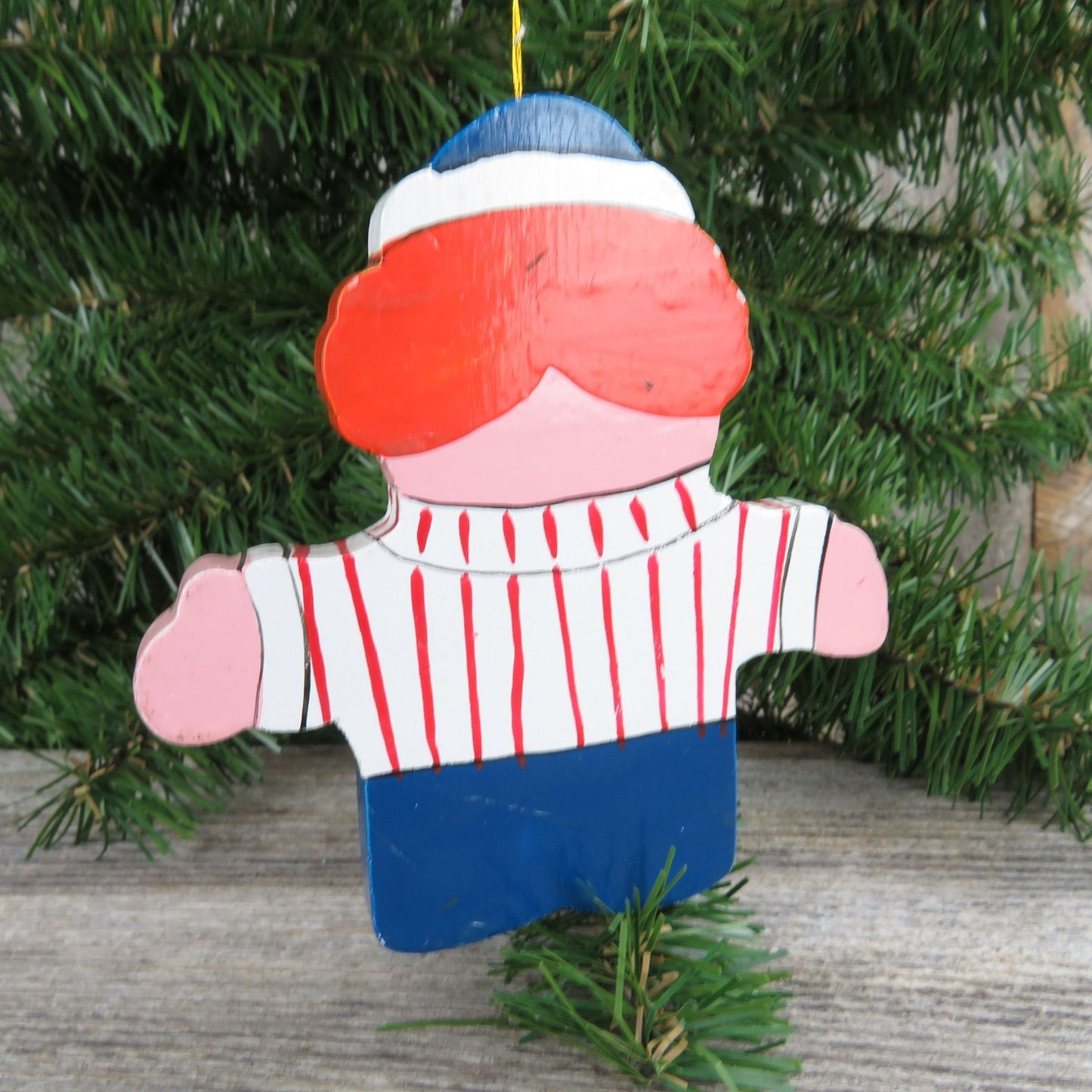 Vintage Red Head Burger Boy Wood Ornament Christmas Wooden Orange Striped Shirt Blue Hat Pants Taiwan