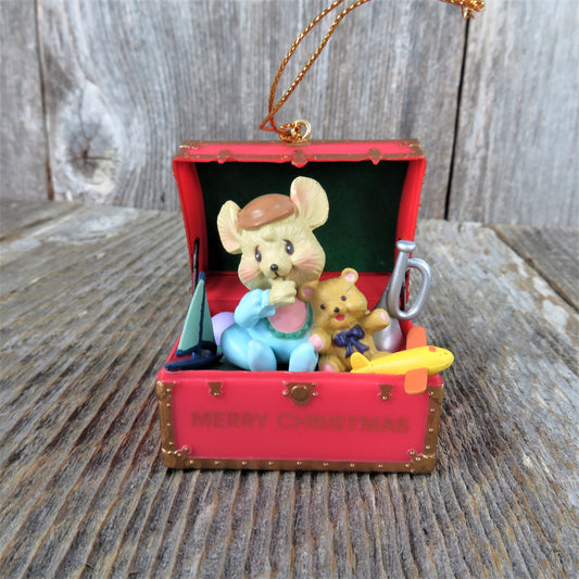 Vintage Baby Mouse in Toy Box Ornament First Christmas Boy Chest Red Westmar Teddy Bear Horn