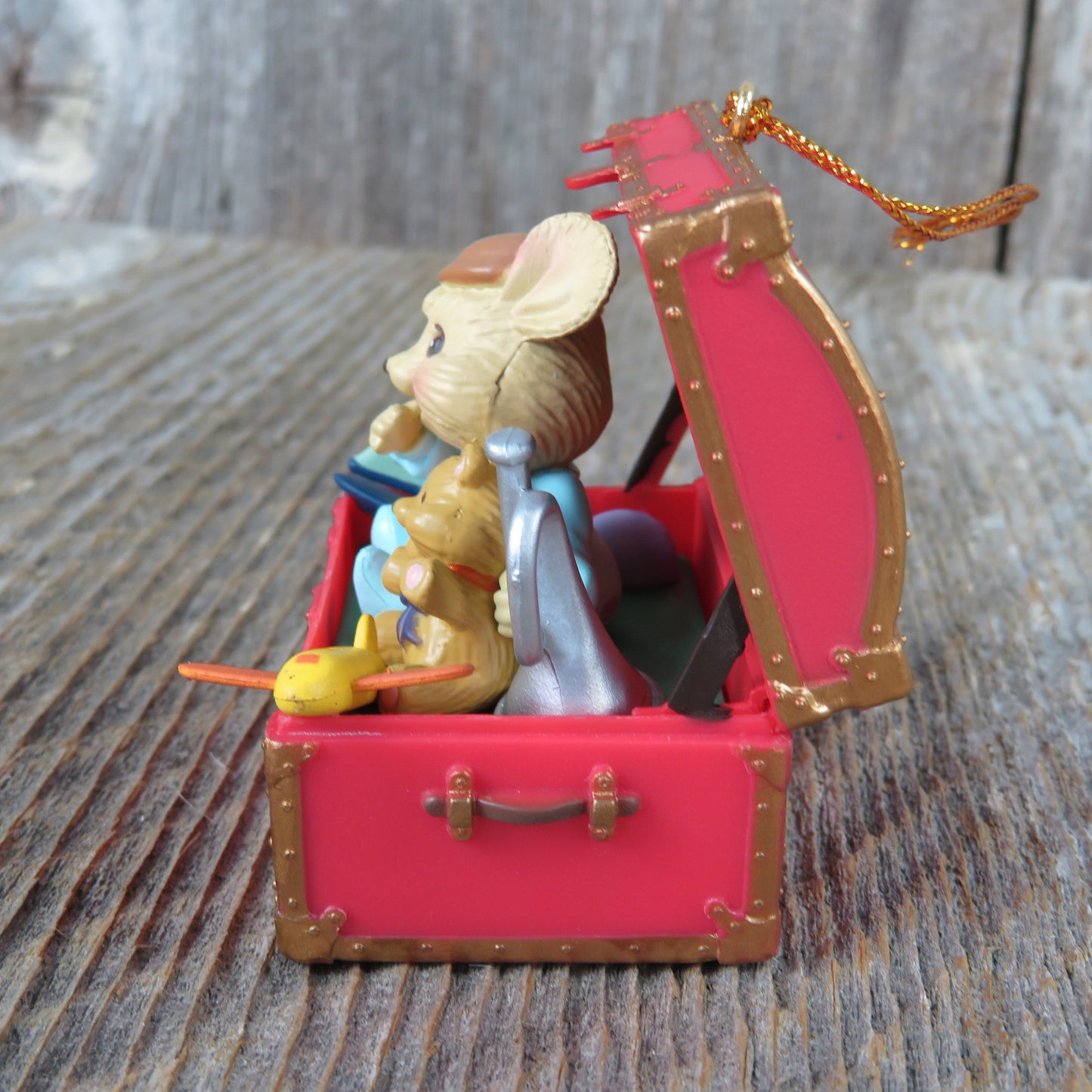 Vintage Baby Mouse in Toy Box Ornament First Christmas Boy Chest Red Westmar Teddy Bear Horn