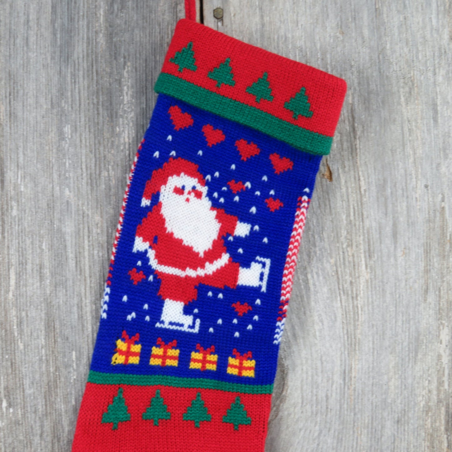 Vintage Santa Claus Knit Stocking Ice Skates Papel Hearts Christmas Cream Blue Red White Green