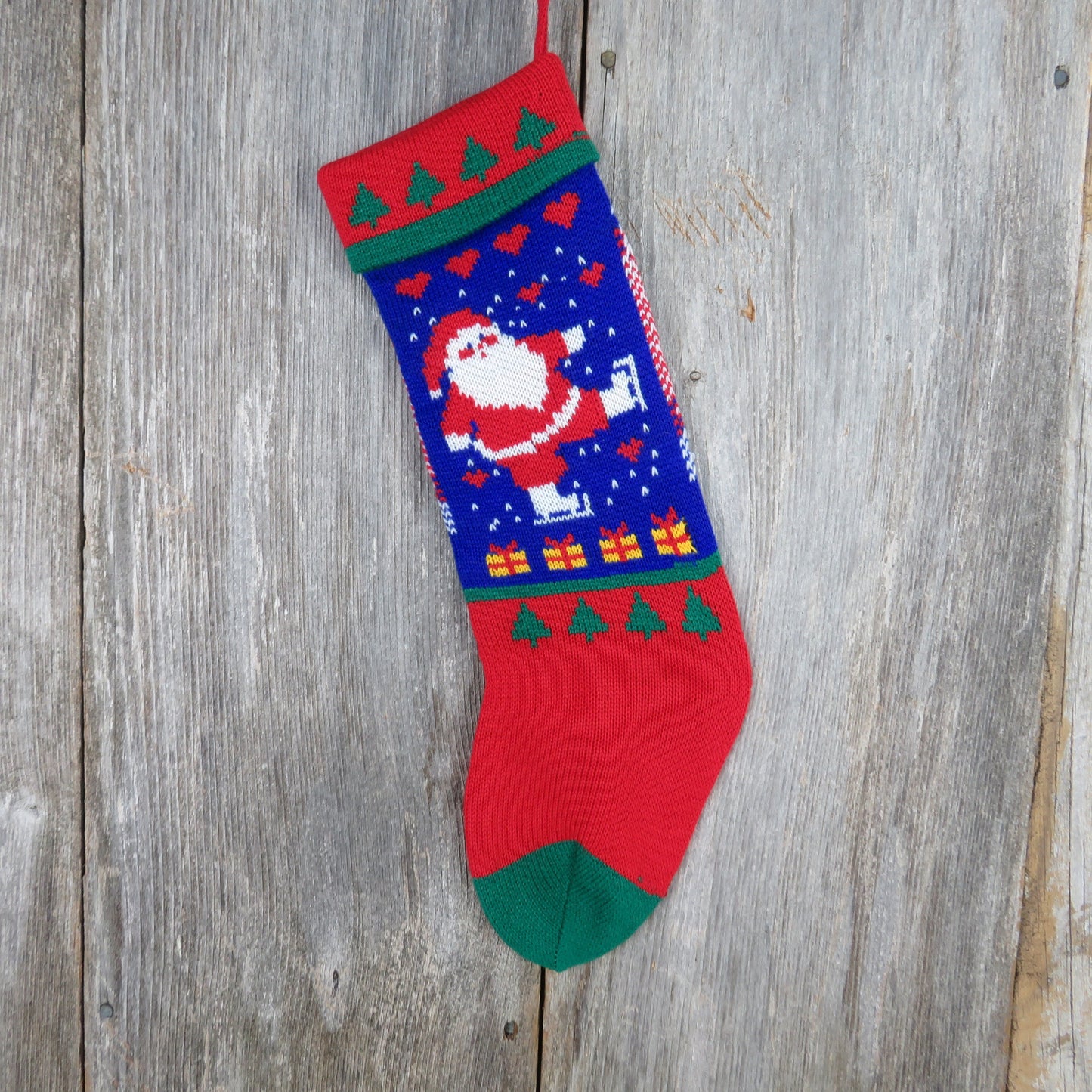 Vintage Santa Claus Knit Stocking Ice Skates Papel Hearts Christmas Cream Blue Red White Green