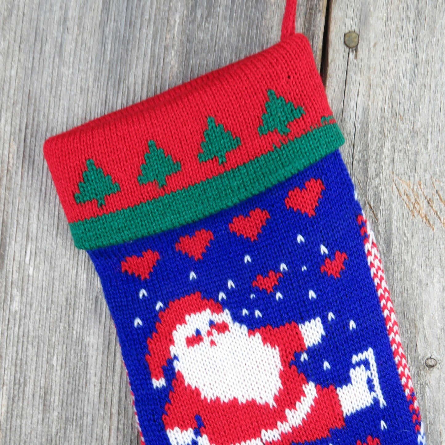 Vintage Santa Claus Knit Stocking Ice Skates Papel Hearts Christmas Cream Blue Red White Green