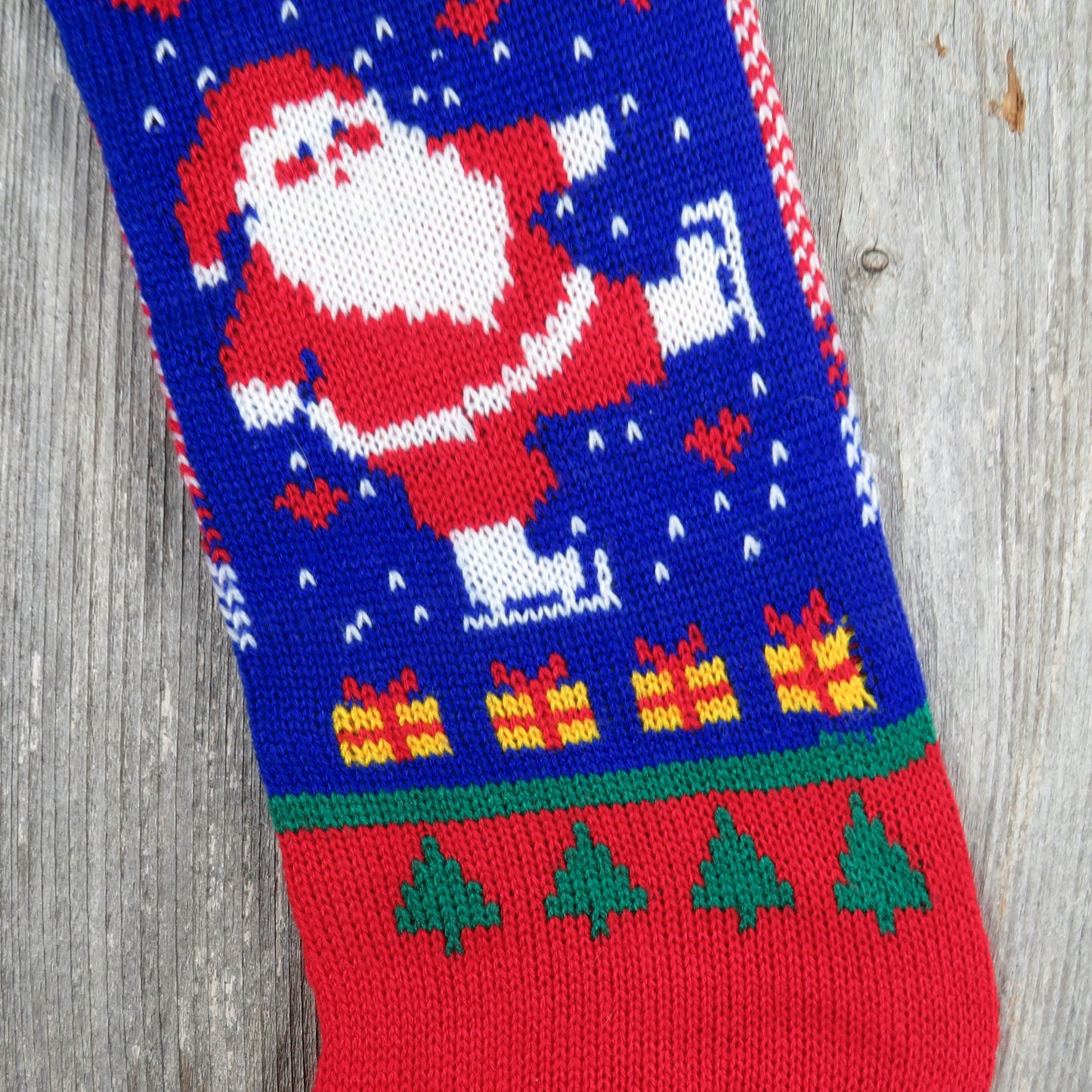 Vintage Santa Claus Knit Stocking Ice Skates Papel Hearts Christmas Cream Blue Red White Green