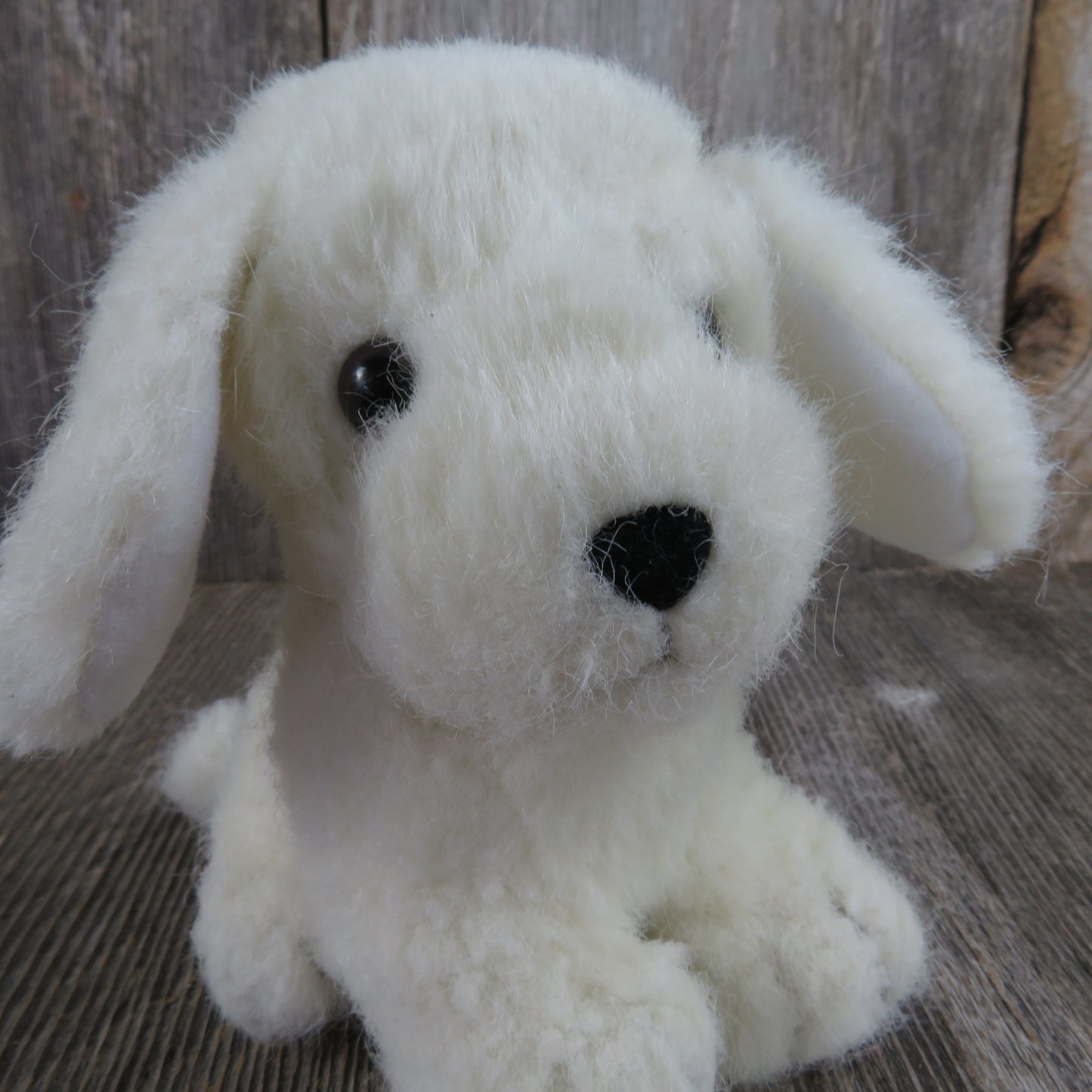 Vintage Dog Puppy Plush White Coarse Fur Flocked Nose Russ Stuffed Animal Mini Small