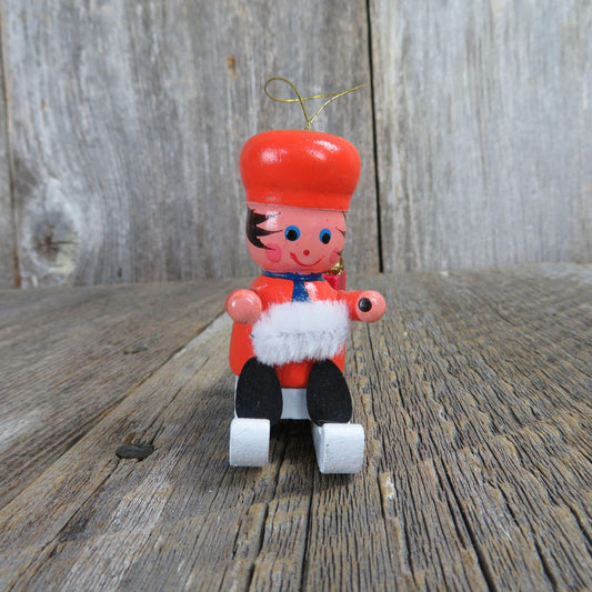 Vintage Sled Wooden Ornament Orange Rider Wood Christmas Gifts Presents Sleigh