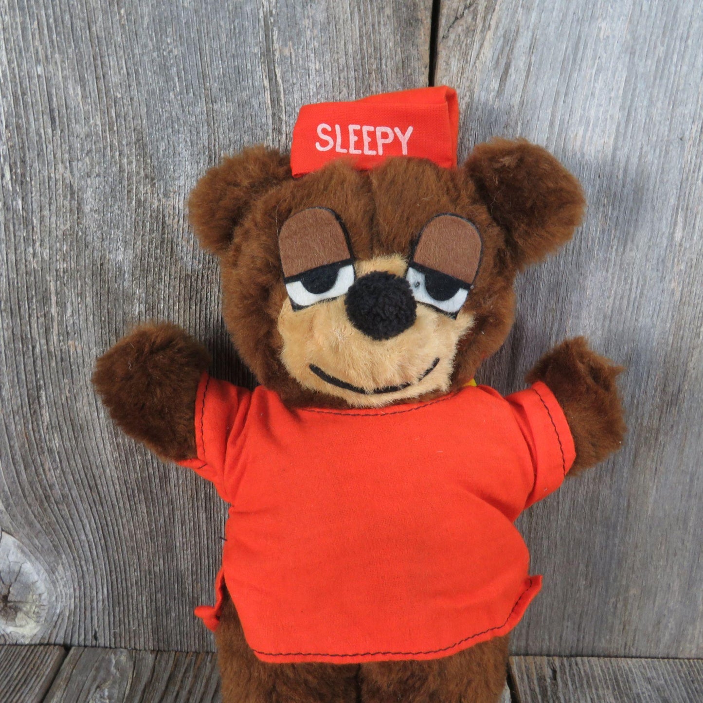 Vintage Sleepy Teddy Bear Plush Orange Pajama Shirt Night Cap Stuffed Animal Felt Eyes