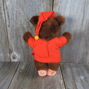 Vintage Sleepy Teddy Bear Plush Orange Pajama Shirt Night Cap Stuffed Animal Felt Eyes