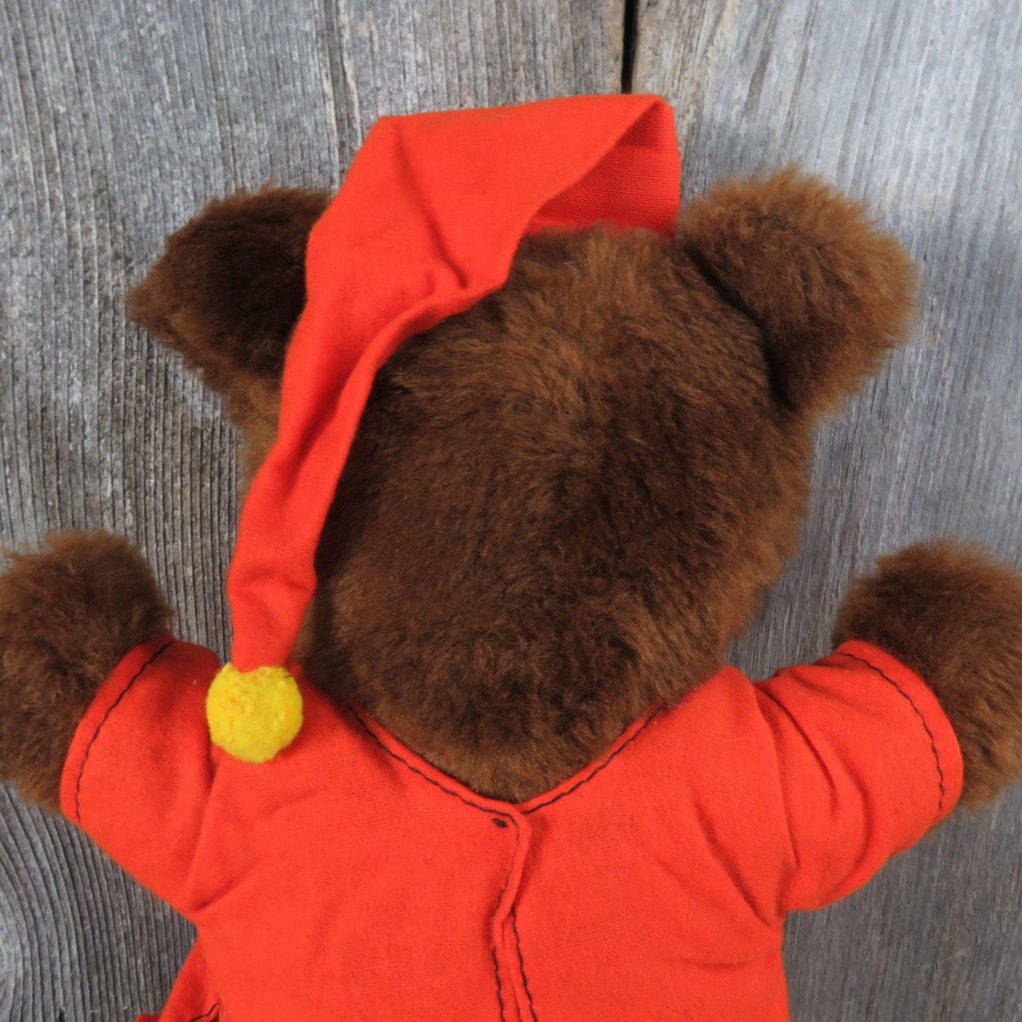 Vintage Sleepy Teddy Bear Plush Orange Pajama Shirt Night Cap Stuffed Animal Felt Eyes