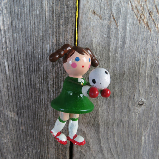 Vintage Wood Soccer Player Ornament Volleyball Green Jersey Dress Girl Sports - At Grandma's Table