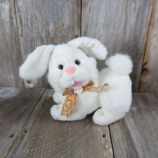 Vintage Bunny Plush Rabbit White Floral Bow Tie Stuffed Animal Pink Flocked Nose Easter T.L. Toys