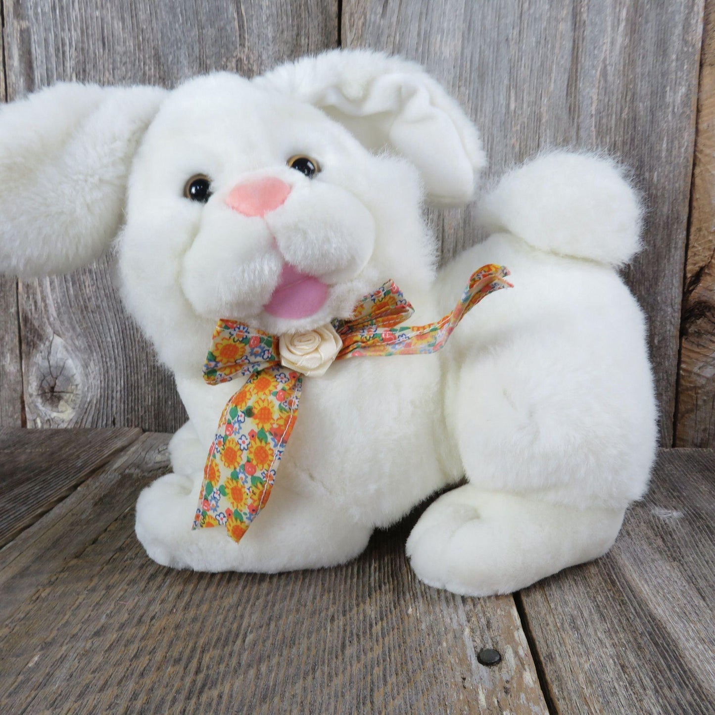 Vintage Bunny Plush Rabbit White Floral Bow Tie Stuffed Animal Pink Flocked Nose Easter T.L. Toys