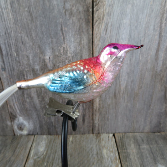 Vintage Glass Bird Clip Ornament Pink Head Multi-Colored Mercury Glitter Tail Christmas