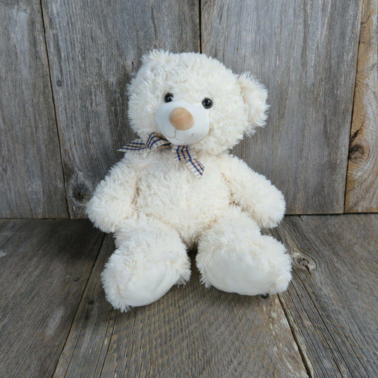 White Teddy Bear Plush Brown Plaid Bow Plush Hamerbest Fuzzy Cream Colored