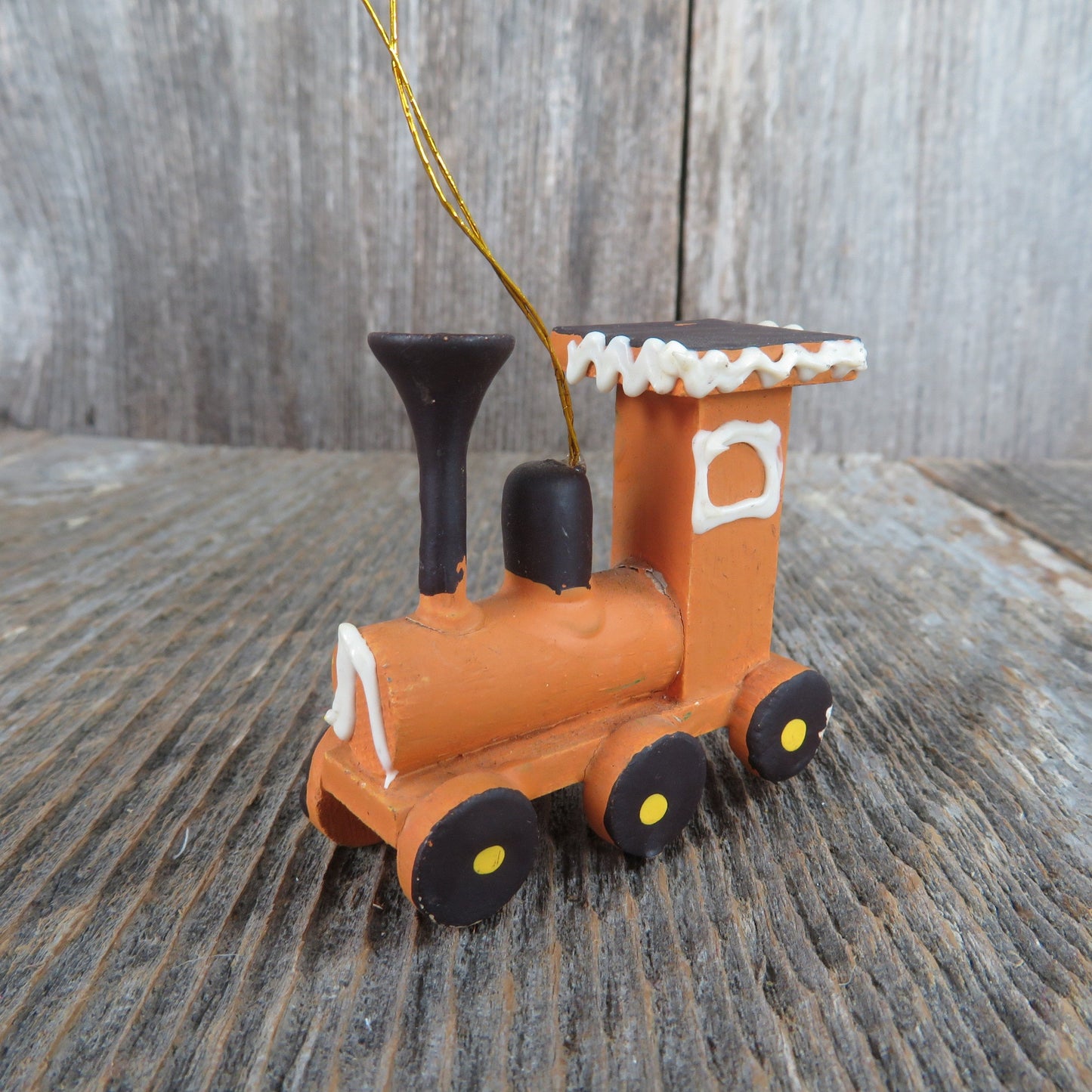 Vintage Train Wood Ornament Brown Tan Engine Wooden Choo Choo Christmas Candy Train