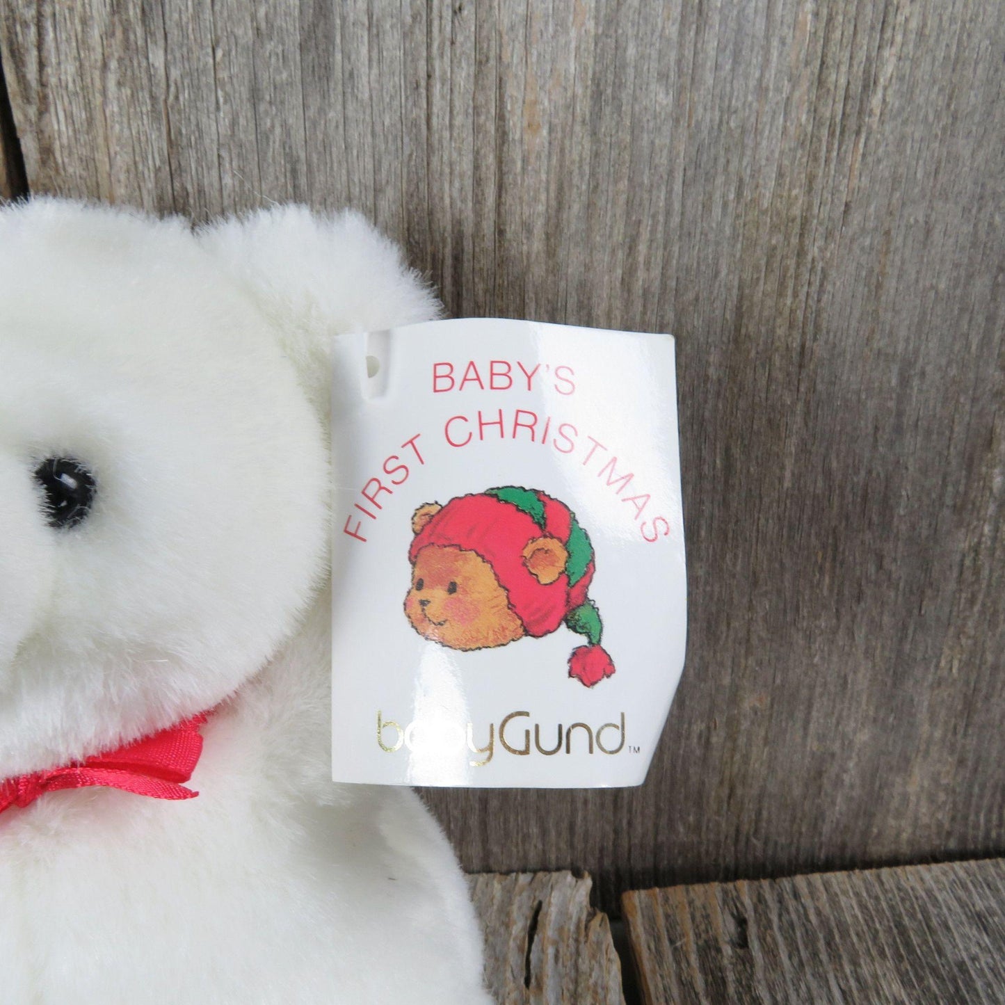 Vintage White Teddy Bear Plush Baby's First Christmas Gund Stuffed Animal Korea 1989