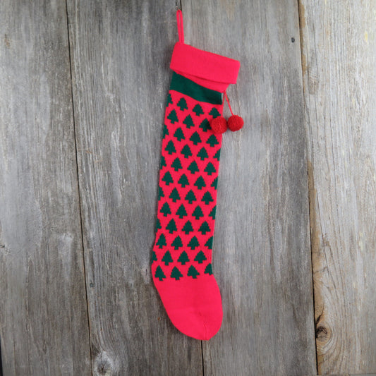 Vintage Christmas Tree Pattern Knit Stocking Green Trees Red Pom Pom Knitted Stocking - At Grandma's Table