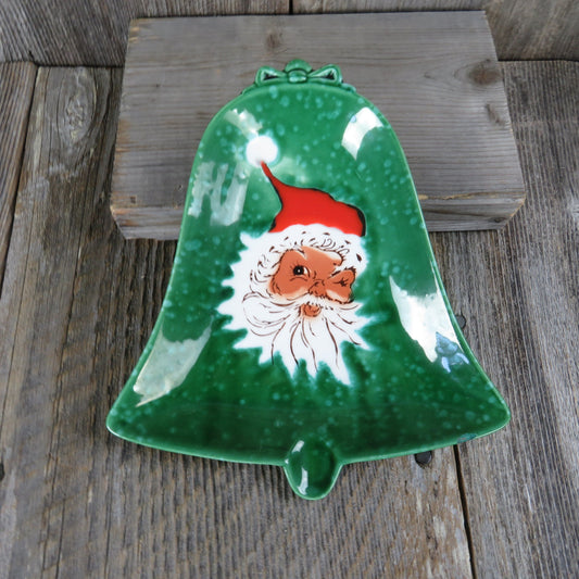 Vintage Winking Santa Dish Green Bell Shaped Lefton Plate Candy Relish Platter Tray 2411