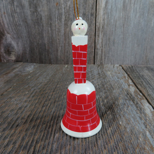 Vintage Red Wooden Bell Ornament Brick Chimney Santa Claus Christmas Snow Covered