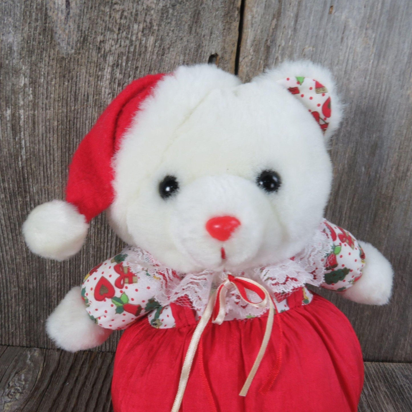 Vintage Puffy Teddy Bear Plush Santa Nylon Santa Hat Silky Stuffed Animal Christmas Winter 1993 Common Wealth