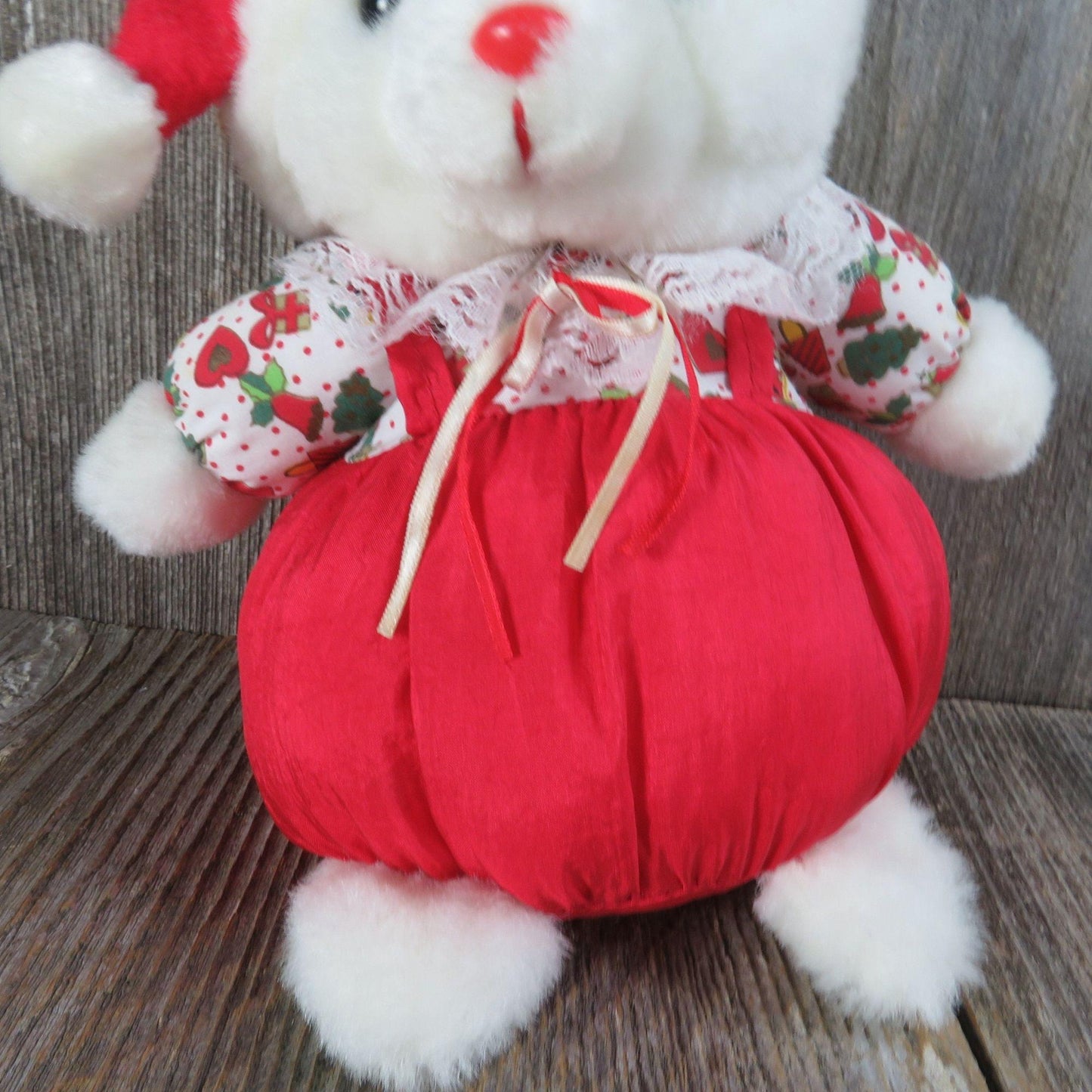 Vintage Puffy Teddy Bear Plush Santa Nylon Santa Hat Silky Stuffed Animal Christmas Winter 1993 Common Wealth