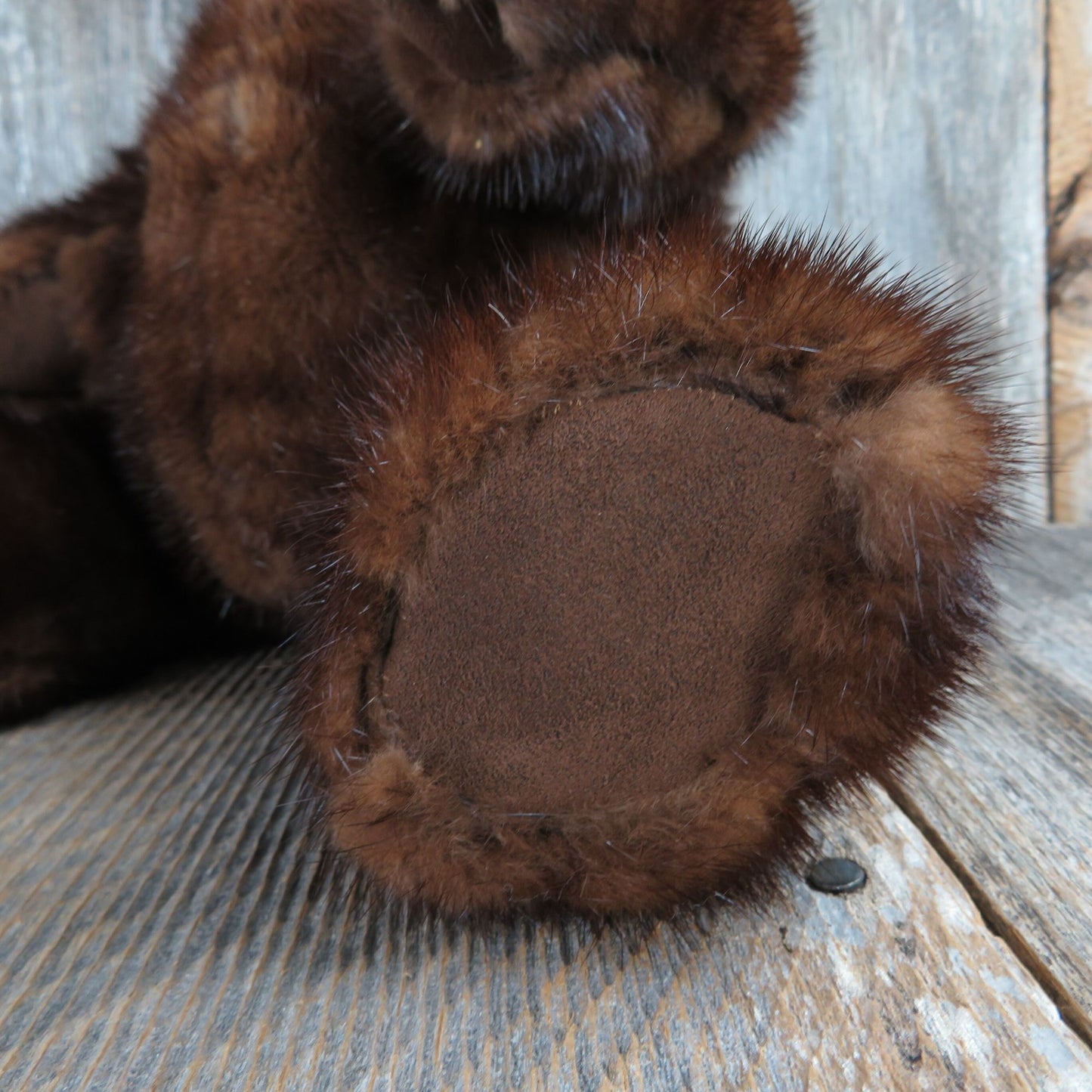 Vintage Jointed Teddy Bear Plush Real Fur Stuffed Animal Brown Hair Suede Paws Glass Eyes
