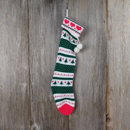 Vintage Striped Tree Knit Christmas Stocking Hearts Knitted Green Red White 1980s