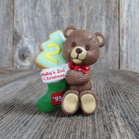 Vintage Teddy Bear Ornament Baby's Second Christmas Hallmark 1995 Dated Stocking Tree 2nd