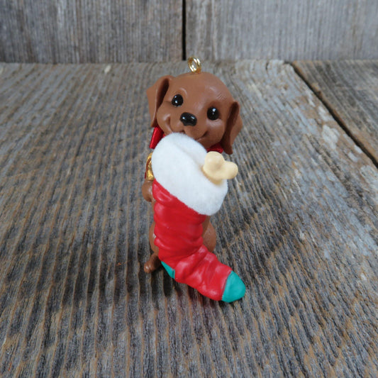 Vintage Weiner Dog with Stocking Ornament Dachshund Hallmark Puppy Love 1996 Merry Christmas Keepsake