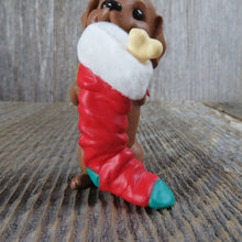 Load image into Gallery viewer, Vintage Weiner Dog with Stocking Ornament Dachshund Hallmark Puppy Love 1996 Merry Christmas Keepsake