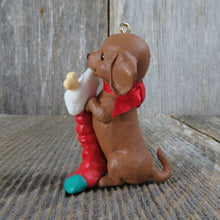 Load image into Gallery viewer, Vintage Weiner Dog with Stocking Ornament Dachshund Hallmark Puppy Love 1996 Merry Christmas Keepsake
