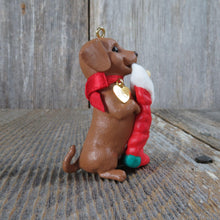 Load image into Gallery viewer, Vintage Weiner Dog with Stocking Ornament Dachshund Hallmark Puppy Love 1996 Merry Christmas Keepsake