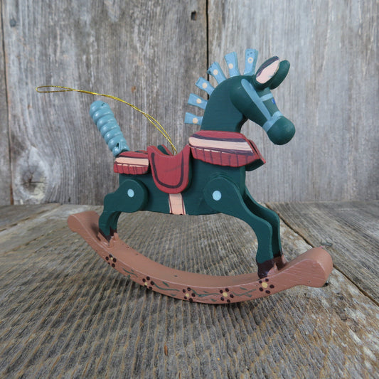 Vintage Wooden Rocking Horse Ornament Fancy Painted Show Pony Christmas Blue Green